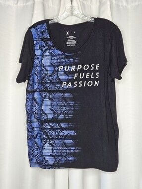 Xersion women's black & blue "Purpose Fuels Passion" short sleeve shirt size L